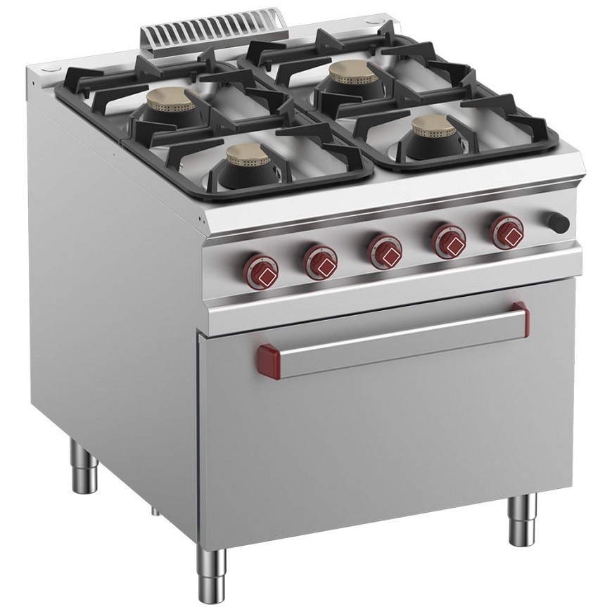 Fogão Industrial a Gás da Linha 900 com 4 Queimadores (2x 7kW + 2x 11kW) com Forno a Gás GN 2/1 (7 kW), 36980 kcal/h (transporte incluído) - Refª 100151