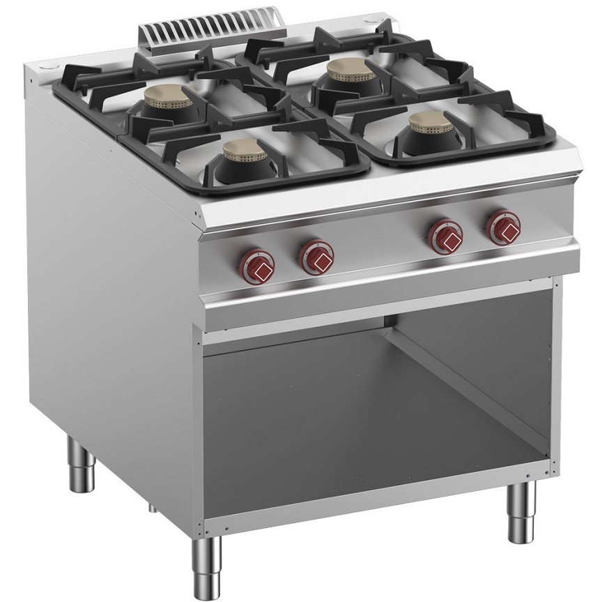 Fogão Industrial a Gás da Linha 900 com 4 Queimadores (2x 7kW + 2x 11kW) sobre Armário Aberto, 30960 kcal/h (transporte incluído) - Refª 100150