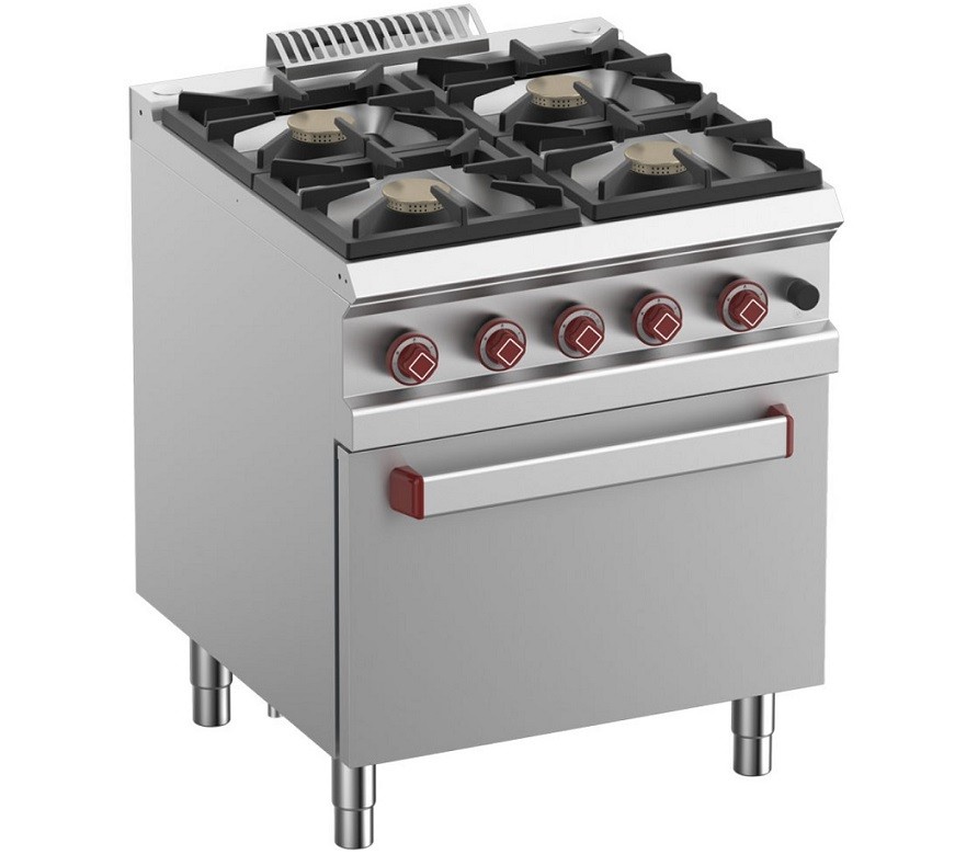 Fogão Industrial a Gás com 4 Queimadores e Forno a Gás Profissional GN 2/1, Potência de 34000 Watts (transporte incluído) - Refª 100059