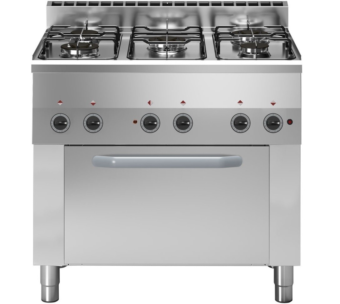 Fogão Industrial a Gás de 5 Queimadores, 3 Bocas 3,3 kW + 2x Bicos 2,8 kW com Forno Profissional Elétrico de Convecção (transporte incluído) - Refª 100214