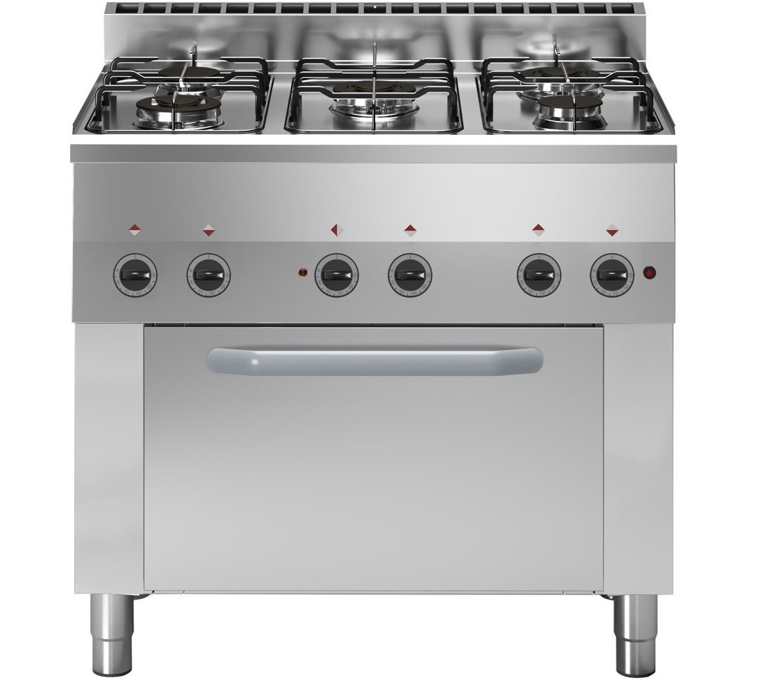 Fogão Industrial a Gás da Linha 600 com 5 Queimadores e Forno Eléctrico de Convecção 4x GN 1/1 de 3 kW, 13330 kcal/h (transporte incluído) - Refª 100214