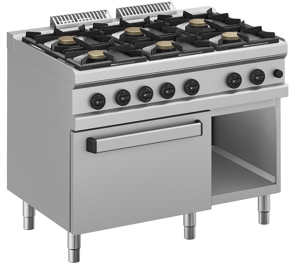 Fogão Industrial a Gás de Seis Queimadores com 6 Bicos de 5,5 kW, Forno a Gás Profissional GN 2/1 e Armário Neutro, kcal/h 33534, Potência de 39000 Watts (transporte incluído) - Refª 100369
