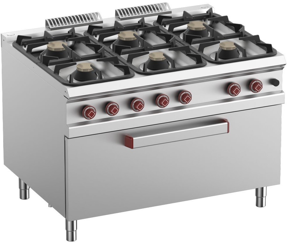 Fogão Industrial a Gás da Linha 900 com 6 Queimadores e Forno Profissional a Gás MAXI largo, 55040 kcal/h, Potência de 64000 Watts (transporte incluído) - Refª 100158