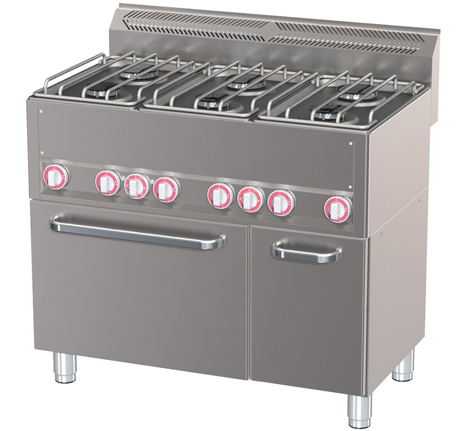 Fogão Industrial a Gás com 6 Queimadores, 3 Bocas de 3 kW + 3 Bicos 3,6 kW, com Forno de Convecção Elétrico Profissional +50° a +300°C, kcal/h 17025, Potência de 19800 Watts (transporte incluído) - Refª 102780