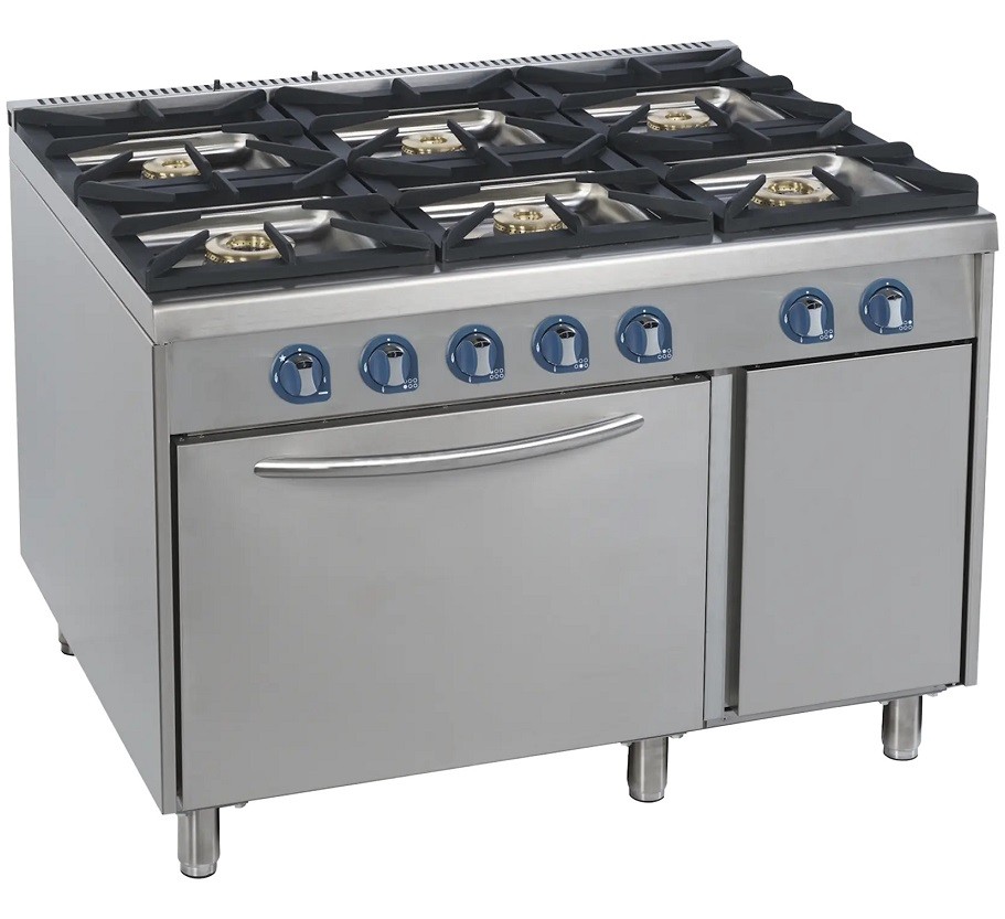 Fogão Industrial a Gás com 6 Queimadores Potentes com Forno Profissional a Gás e Armário com Porta (transporte incluído) - Refª 103012