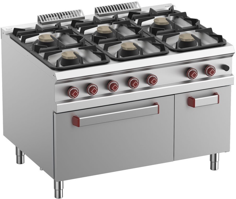 Fogão Industrial a Gás da Linha 900 com 6 Queimadores e Forno Profissional a Gás GN 2/1 com Armário, 52460 kcal/h, Potência de 61000 Watts (transporte incluído) - Refª 100156