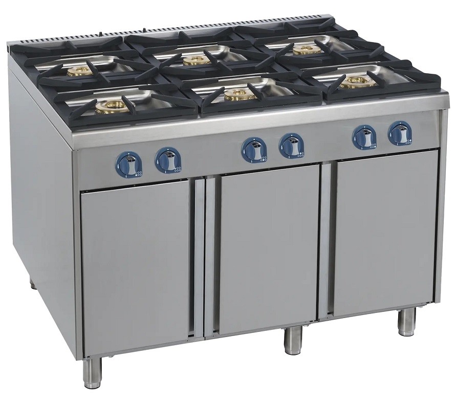 Fogão Industrial a Gás com 6 Bicos da Linha 900, Queimadores Profissionais Potentes sobre Móvel com Portas (transporte incluído) - Refª 103006