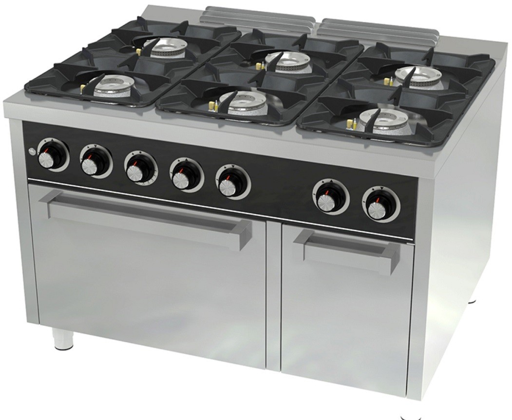 Fogão Industrial a Gás de 6 Queimadores com Forno a Gás GN 2/1 e Armário, 55040 kcal/h, Potência de 64000 Watts (transporte incluído) - Refª 102753