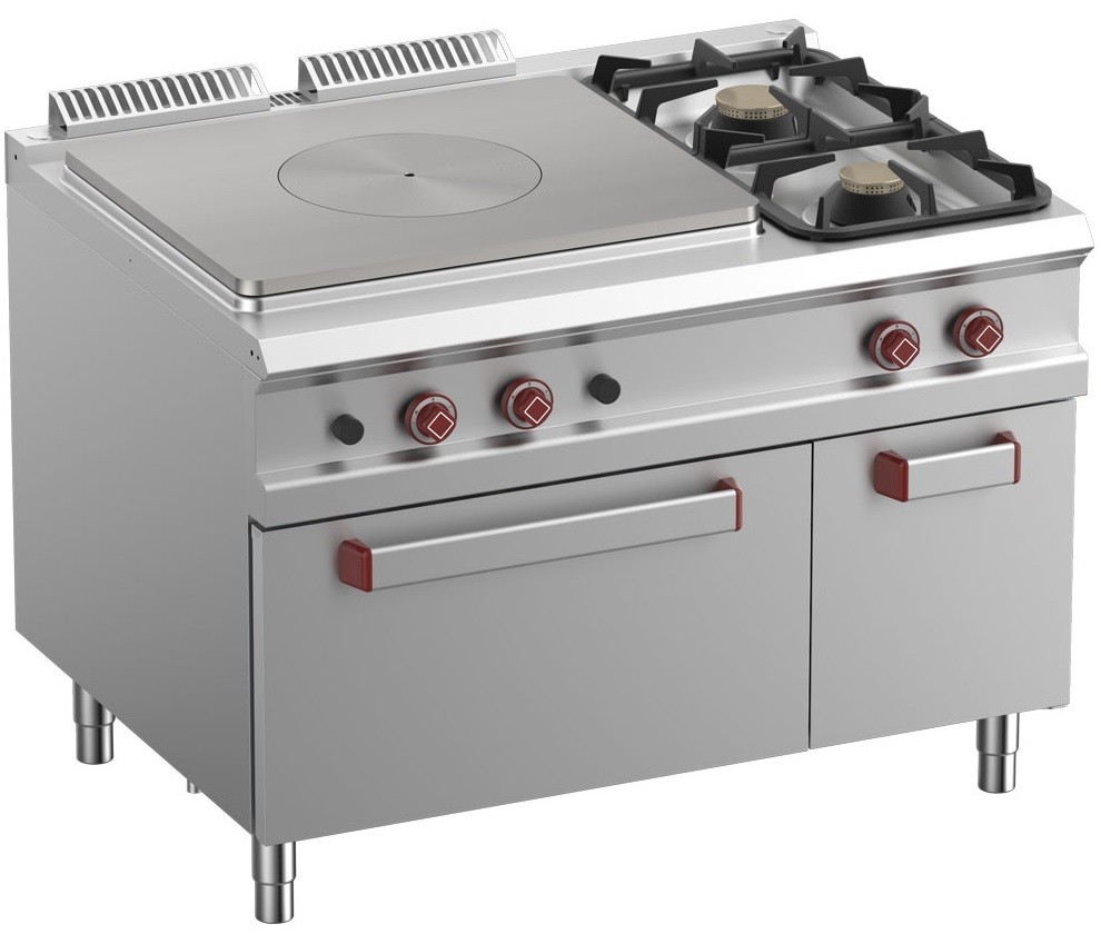 Fogão Industrial a Gás da Linha 900 com 2 Queimadores, Placa Radiante e Forno Profissional a Gás GN 2/1, 31820 kcal/h, Potência de 37000 Watts (transporte incluído) - Refª 100159