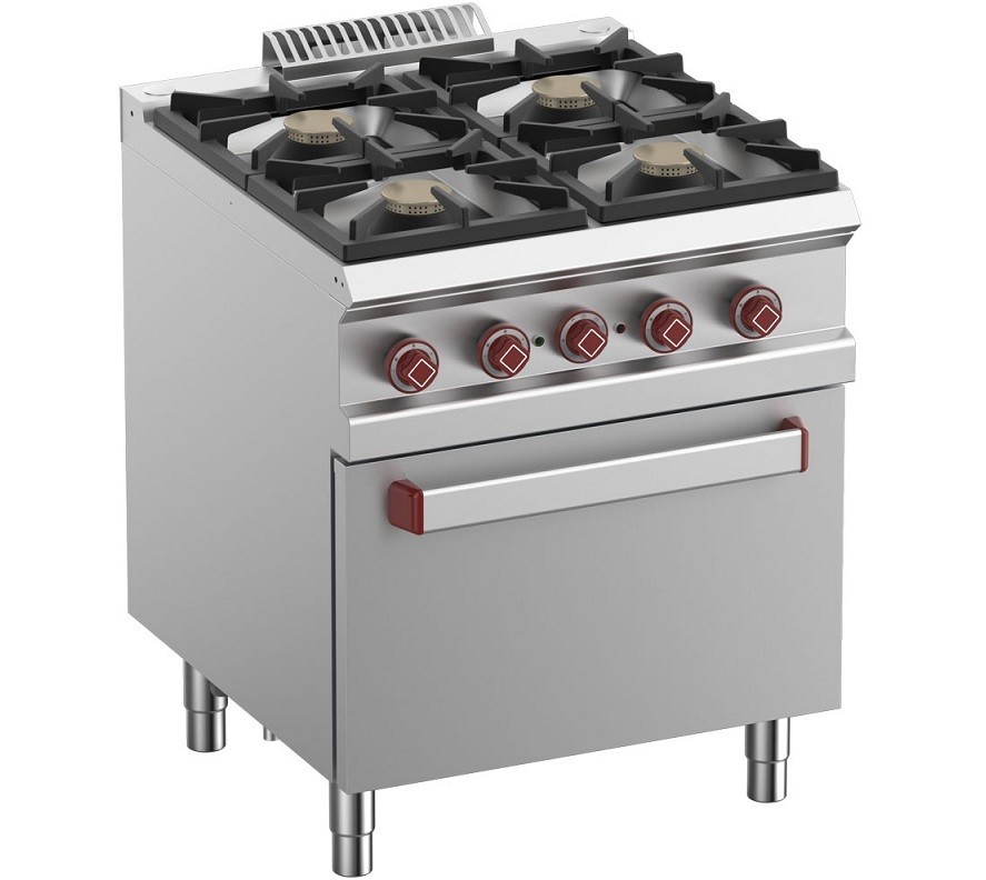 Fogão Industrial a Gás com 4 Queimadores e Forno Elétrico Profissional GN 2/1, Potência de 33300 Watts (transporte incluído) - Refª 100061