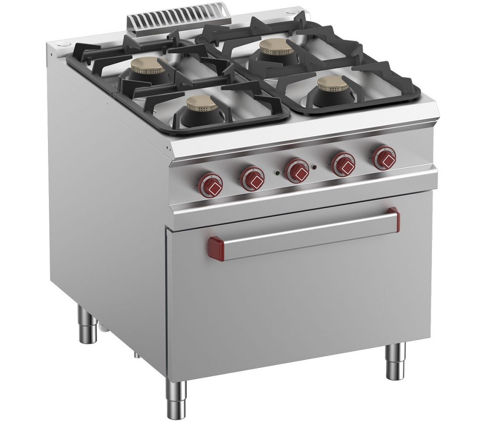 Fogão Industrial a Gás da Linha 900 com 4 Queimadores e Forno Profissional Elétrico GN 2/1, Potência de 42000 Watts (transporte incluído) - Refª 100152
