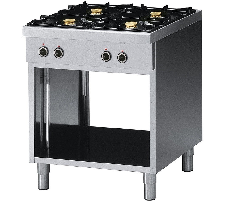 Fogão Industrial a Gás com 4 Queimadores, Bocas com 2x 3,6 kW + 2x 5,0 kW e Base Aberta Passante com Prateleira, 14800 Kcal/h, Potência de 17200 Watts (transporte incluído) - Refª 100362