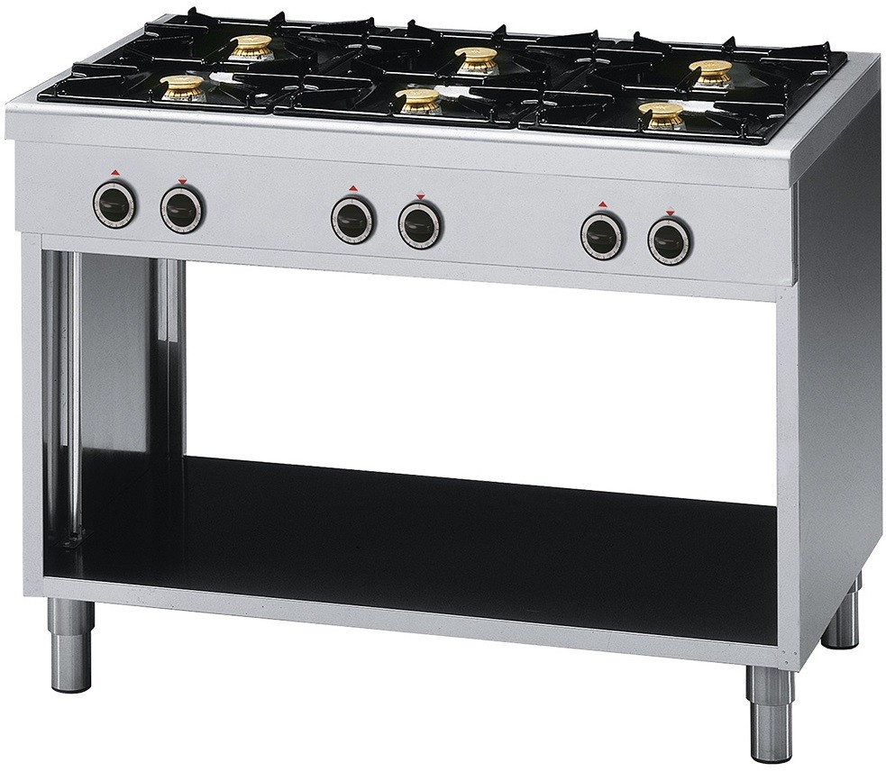 Fogão Industrial a Gás com 6 Queimadores, Bocas com 3x 3,6 kW + 3x 5,0 kW e Base Aberta Passante com Prateleira, 26485 Kcal/h, Potência de 30800 Watts (transporte incluído) - Refª 100363