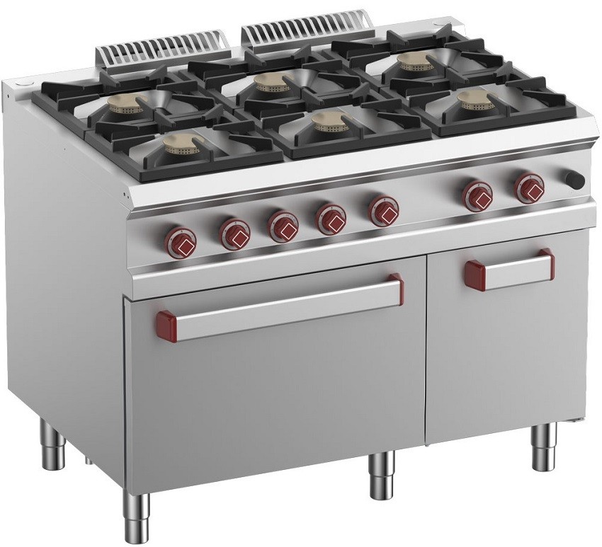 Fogão Industrial a Gás com 6 Queimadores, Forno a Gás Profissional GN 2/1 e Armário, Potência de 48000 Watts (transporte incluído) - Refª 100060