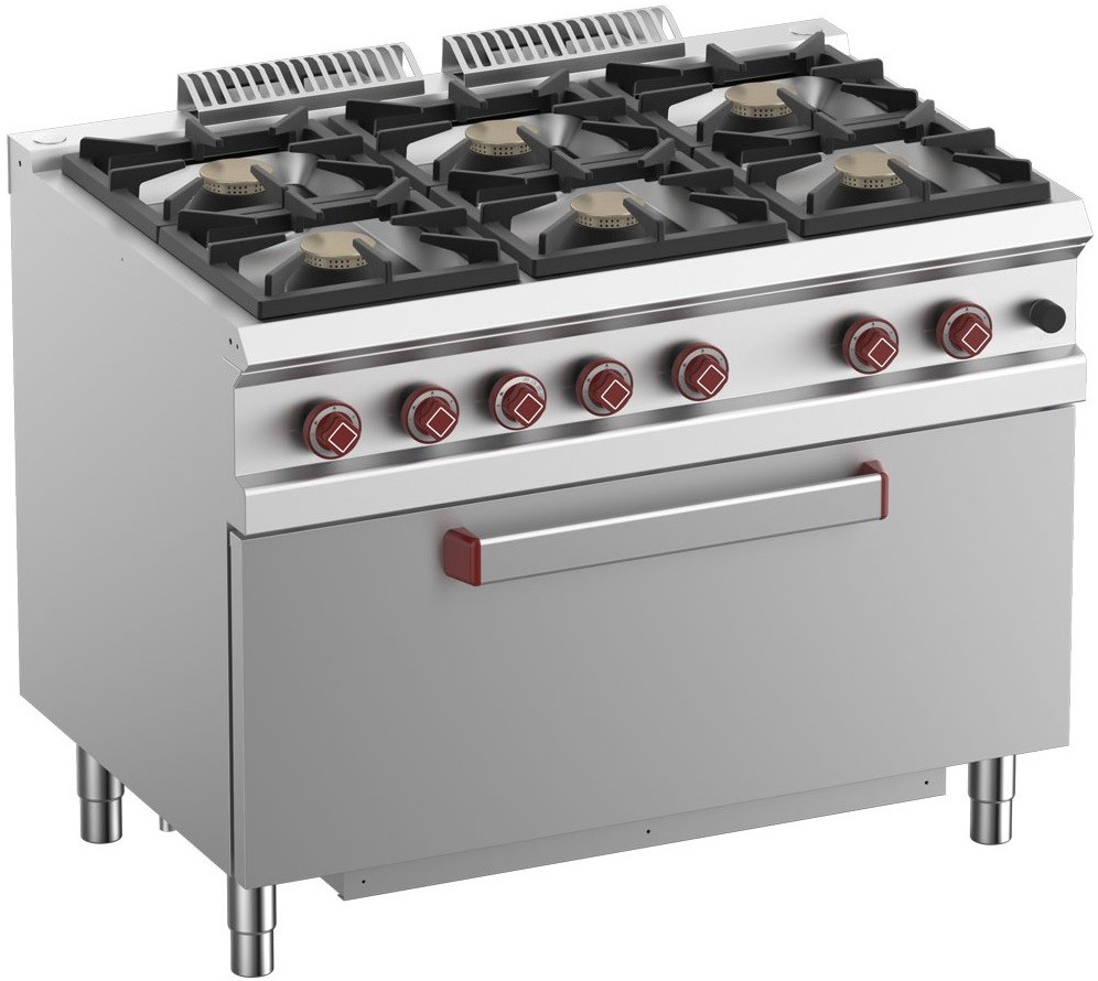 Fogão Industrial a Gás com 6 Queimadores (6x 7kW) e GRANDE Forno a Gás (8 kW) da Linha 700, 43000 kcal/h, Potência 50000 Watts (transporte incluído) - Refª 100063