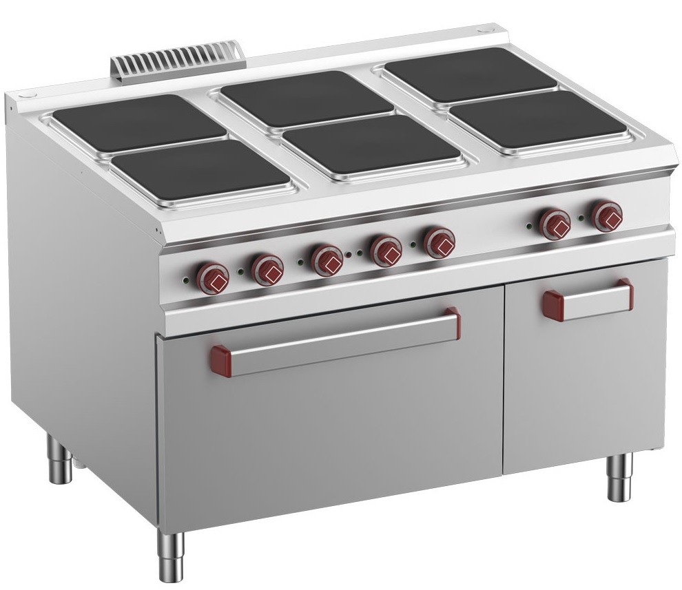 Fogão Industrial Elétrico Trifásico de 6 Placas Quadradas (4x 3 kW + 2x 4 kW) com Forno GN 2/1 + Armário, Potência de 26000 Watts (transporte incluído) - Refª 102233