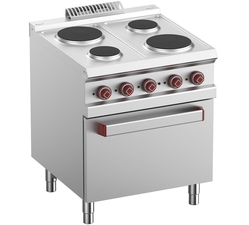 Fogão Industrial Elétrico da Linha 700 de 4 Placas e Forno Eléctrico GN 2/1 de 5,3 kW com Grill, +125º a +300º C, Potência de 13500 Watts (transporte incluído) - Refª 100074
