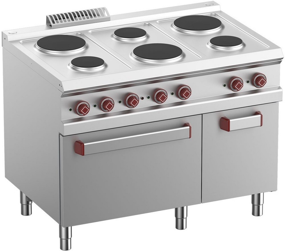 Fogão Industrial Elétrico de 6 Placas e Forno Eléctrico GN 2/1 com Grill, +125º a 300º C e Armário, Potência de 17600 Watts (transporte incluído) - Refª 100075