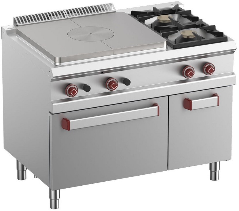 Fogão Industrial a Gás com Placa Radiante Aquecida, 2 Queimadores, Forno a Gás e Armário, Potência de 30000 Watts (transporte incluído) - Refª 100065