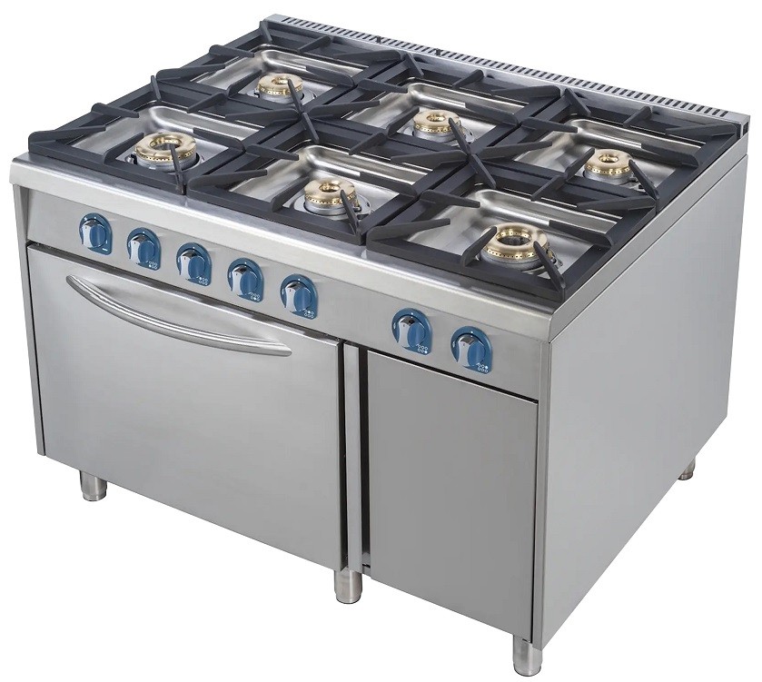 Fogão Industrial a Gás com 6 Queimadores Potentes com Pilotos, Forno Profissional a Gás e Armário com Porta (transporte incluído) - Refª 103013