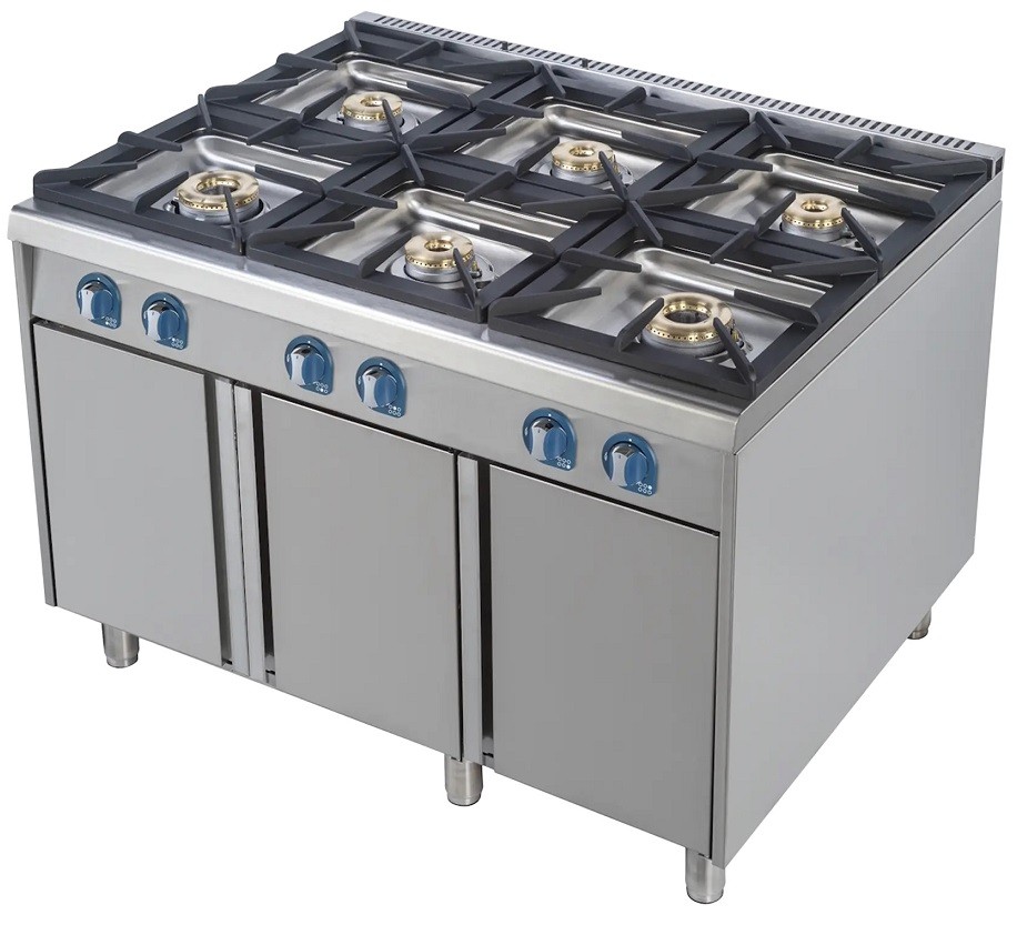 Fogão Industrial a Gás com 6 Queimadores Potentes com Pilotos sobre Móvel com Portas (transporte incluído) - Refª 103001