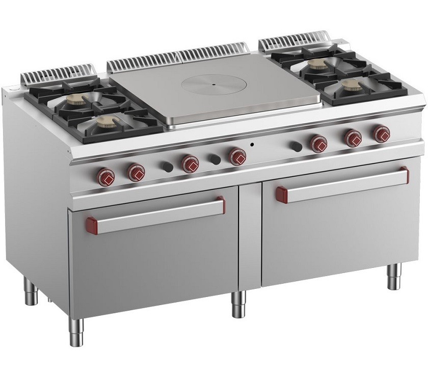 Fogão Industrial a Gás com Placa Radiante Aquecida, 4 Queimadores e 2 Fornos a Gás Profissionais, Potência de 50000 Watts (transporte incluído) - Refª 100066