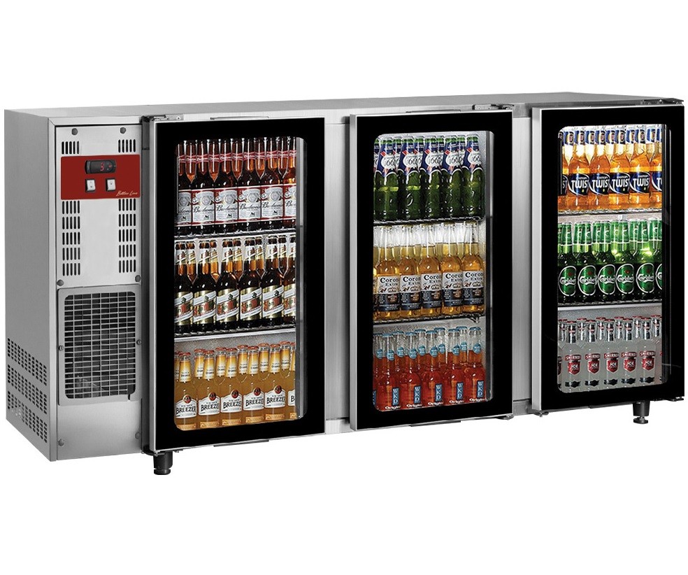 Frigorífico para Garrafas e Latas, Bancada Refrigerada Industrial em Aço Inoxidável com 3 Portas de Vidro, 579 Litros, +1º +8º C (transporte incluído) - Refª 102294