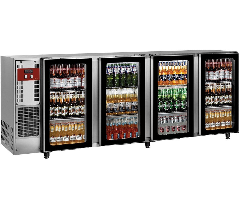 Frigorífico para Garrafas e Latas, Bancada Refrigerada Industrial em Aço Inoxidável com 4 Portas de Vidro, 783 Litros, +1º +8º C (transporte incluído) - Refª 102295