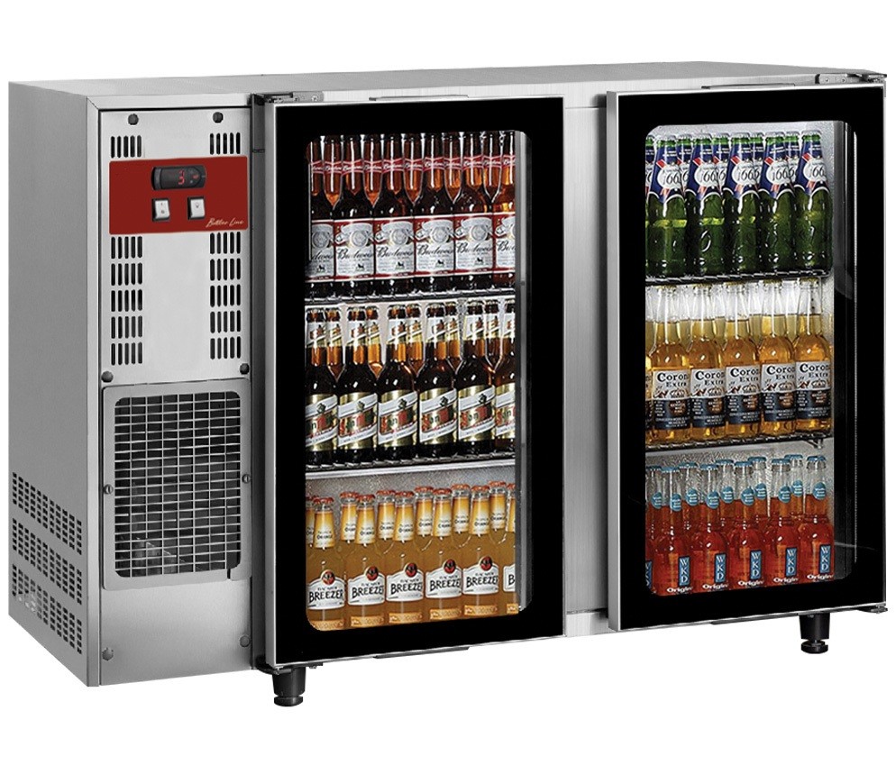 Frigorífico para Garrafas e Latas, Bancada Refrigerada Industrial em Aço Inoxidável com 2 Portas de Vidro, 375 Litros, +1º +8º C (transporte incluído) - Refª 102293