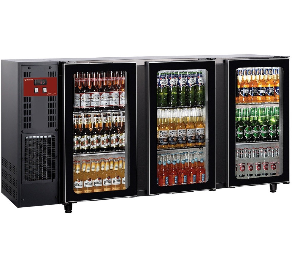 Frigorífico para Garrafas e Latas, Bancada Industrial Refrigerada Ventilada com 3 Portas de Vidro, 579 Litros, +1º +8º C (transporte incluído) - Refª 102288