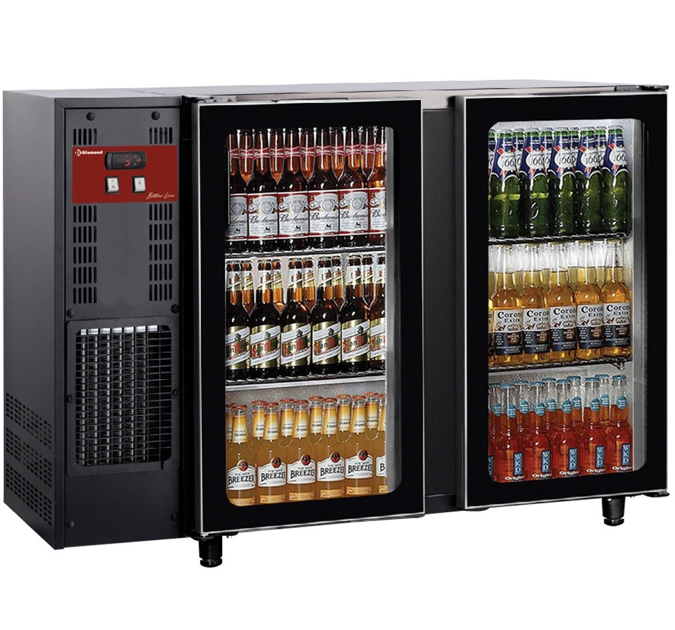 Frigorífico para Garrafas e Latas, Bancada Industrial Refrigerada Ventilada com 2 Portas de Vidro, 375 Litros, +1º +8º C (transporte incluído) - Refª 102287