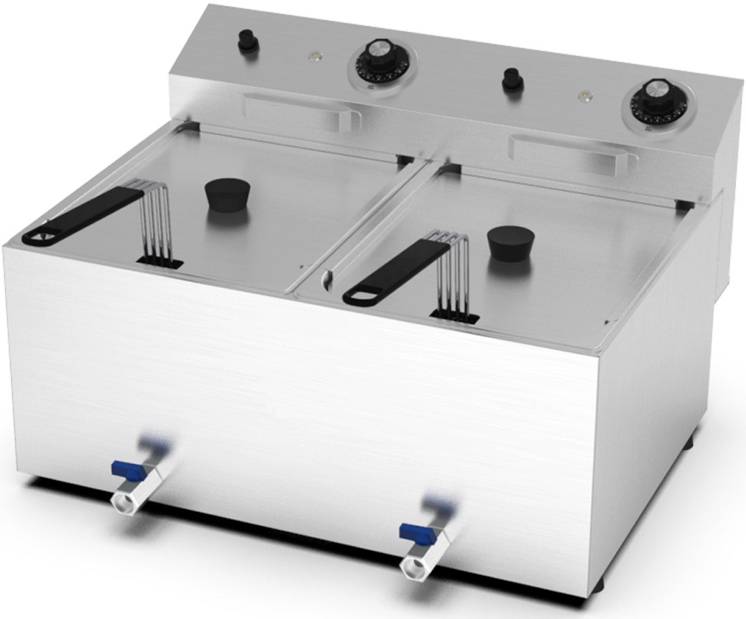 Fritadeira Profissional Elétrica Dupla de Bancada Trifásica de 8 +8 Litros com Cestos,Tampas e Torneiras, 0° +195°C, 12000 Watts (transporte incluído) - Refª 102679