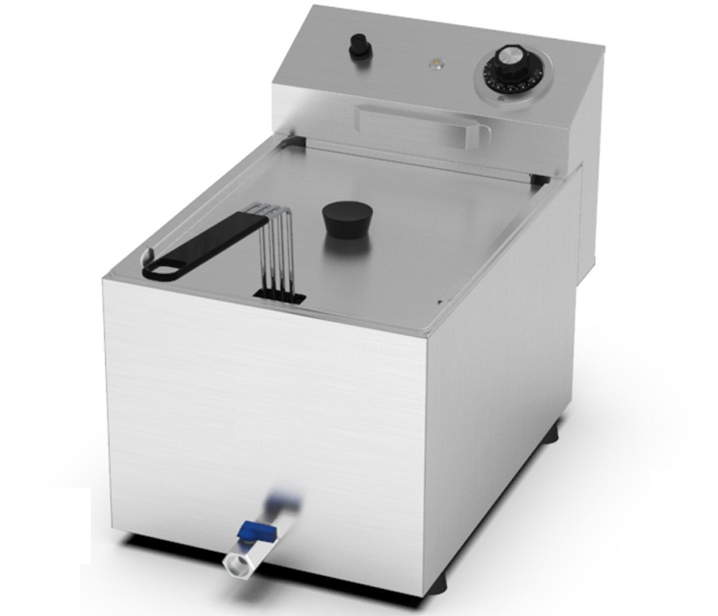 Fritadeira Profissional Elétrica de Bancada Monofásica POTENTE de 10 Litros com Cesto, Tampa e Torneira, +195°C, 5500 Watts (transporte incluído) - Refª 102685