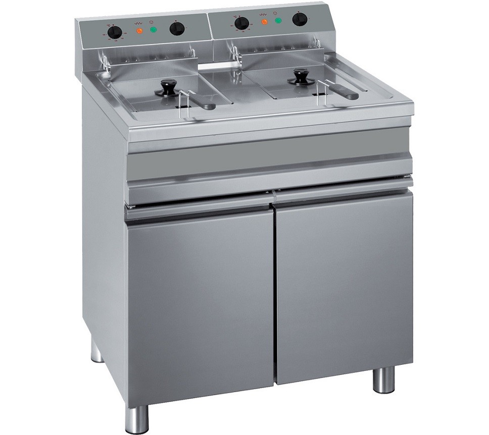 Fritadeira Elétrica Profissional Industrial Trifásica de 2 Cubas 14 +14 Litros com Armário de 2 Portas, 18000 Watts (transporte incluído) - Refª 100184