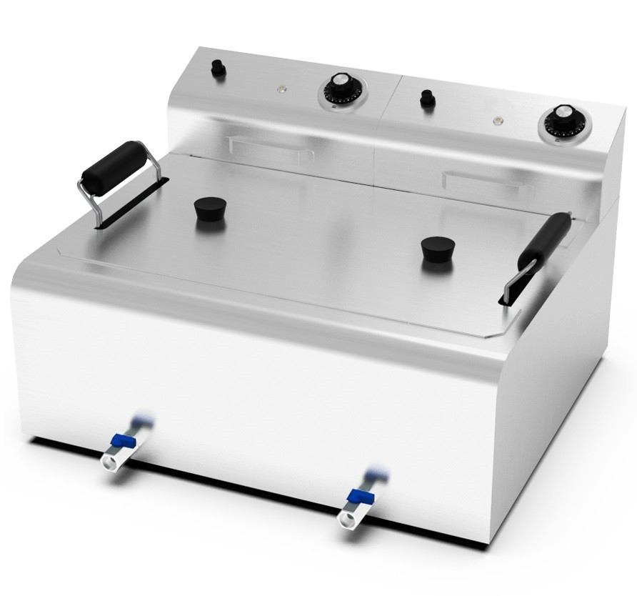 Fritadeira Industrial Elétrica de Bancada Monofásica LARGA de 20 Litros com Cabeças Removíveis, Cesto, Tampa e Torneiras, +195°C, 8400 Watts (transporte incluído) - Refª 102704