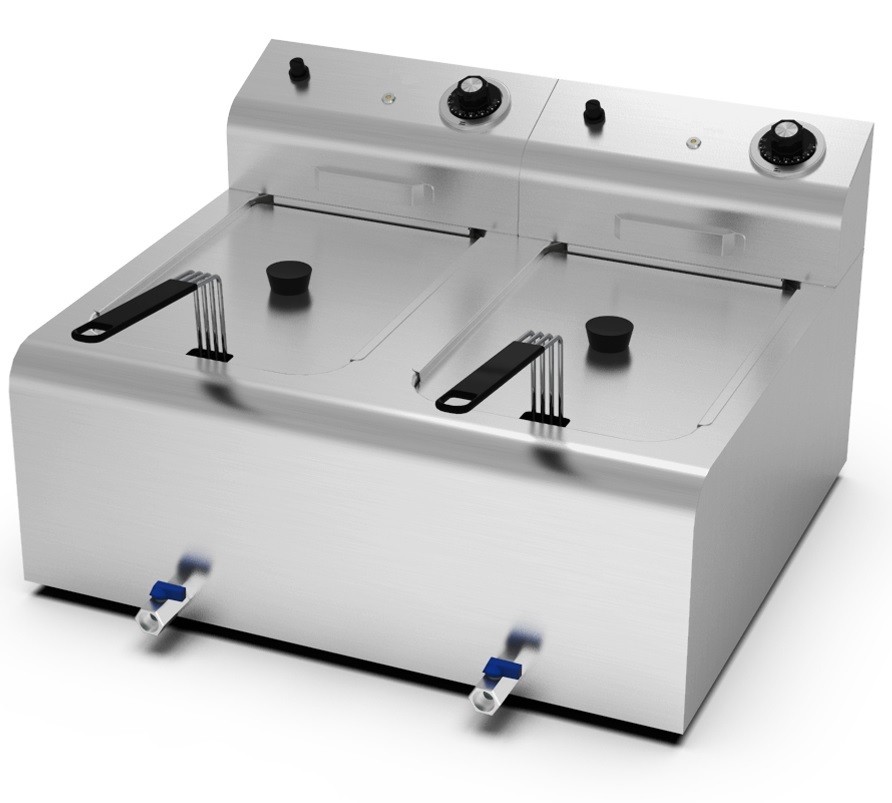 Fritadeira Industrial Elétrica Dupla de Bancada Monofásica de 10 +10 Litros com Cabeças Removíveis, Cestos, Tampas e Torneiras, +195°C, 8400 Watts (transporte incluído) - Refª 102703
