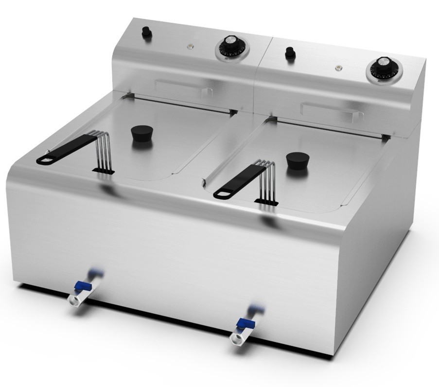 Fritadeira Industrial Elétrica Dupla de Bancada Monofásica de 8 +8 Litros com Cabeças Removíveis, Cestos, Tampas e Torneiras, +195°C, 7600 Watts (transporte incluído) - Refª 102699