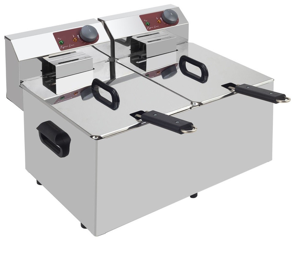Fritadeira Industrial Elétrica Dupla de Bancada Monofásica para 7+7 Litros com Cestos e Tampas, 0° +180°C, 6400 Watts (transporte incluído) - Refª 101117