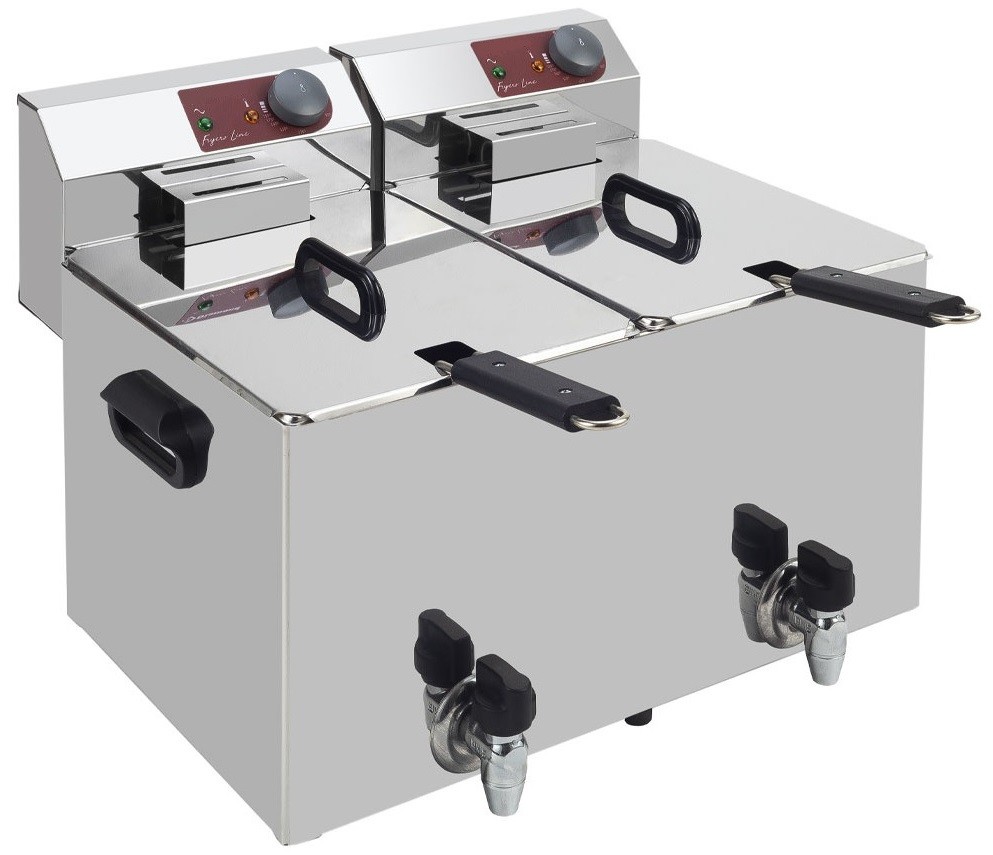 Fritadeira Industrial Elétrica Dupla de Bancada Monofásica de 8+8 Litros com Cestos, Tampas e Torneiras de Saída, 0° +180°C, 7000 Watts (transporte incluído) - Refª 101118