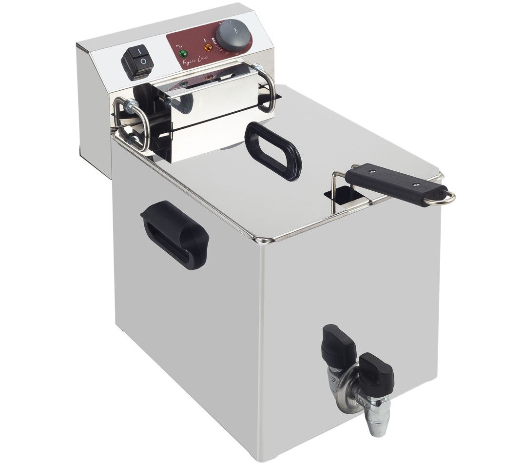 Fritadeira Industrial Elétrica de Bancada Trifásica de 10 Litros com Tampa e Torneira de Saída, 0° +180°C, 4500 Watts (transporte incluído) - Refª 101025
