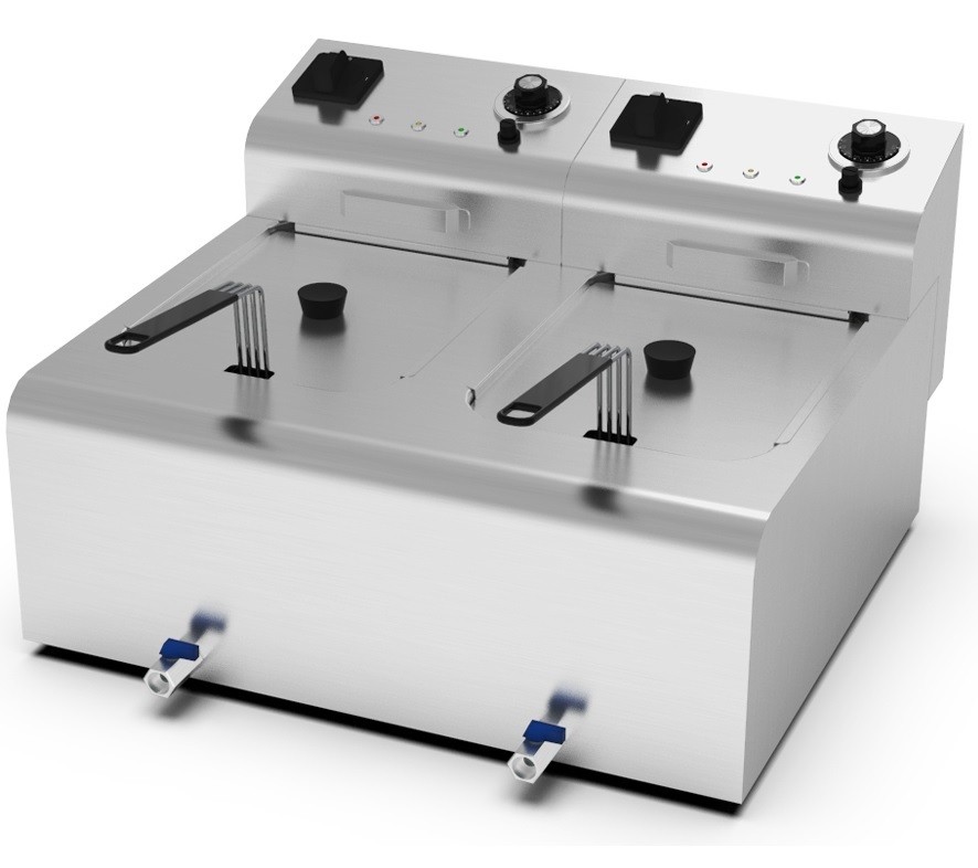 Fritadeira Industrial Elétrica Dupla de Bancada Monofásica POTENTE de 8 +8 Litros com Cabeças Removíveis, Cestos, Tampas e Torneiras, +195°C, 11000 Watts (transporte incluído) - Refª 102701