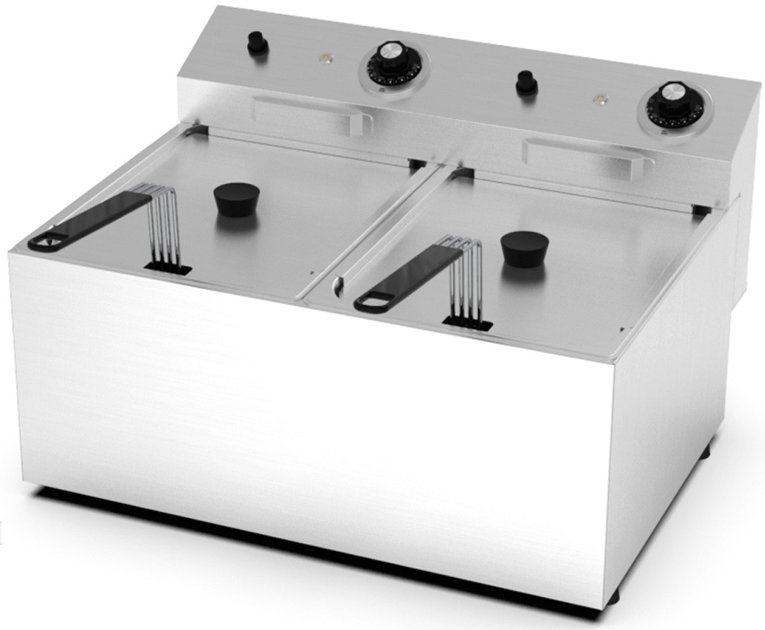 Fritadeira Profissional Elétrica Dupla de Bancada Monofásica POTENTE de 10 +10 Litros com Cestos e Tampas, 0° +195°C, 11000 Watts (transporte incluído) - Refª 102686