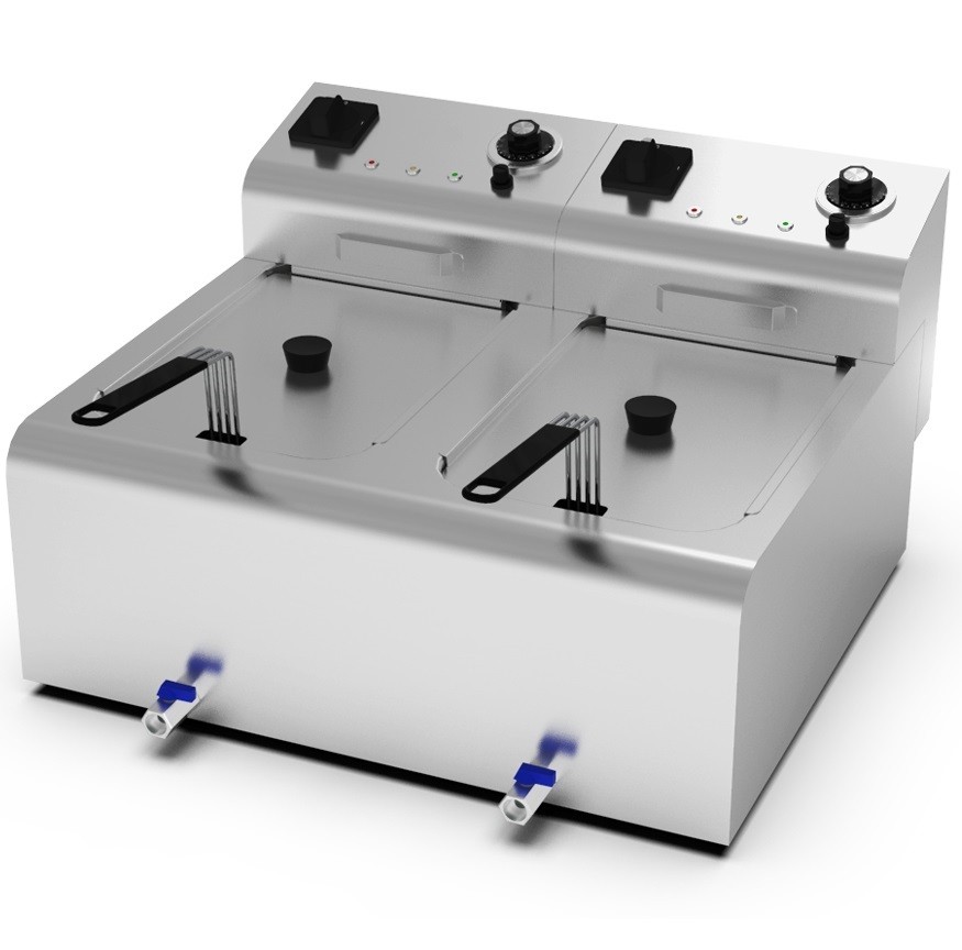 Fritadeira Industrial Elétrica Dupla de Bancada Trifásica POTENTE de 10 +10 Litros com Cabeças Removíveis, Cestos, Tampas e Torneiras, +195°C, 18000 Watts (transporte incluído) - Refª 102712