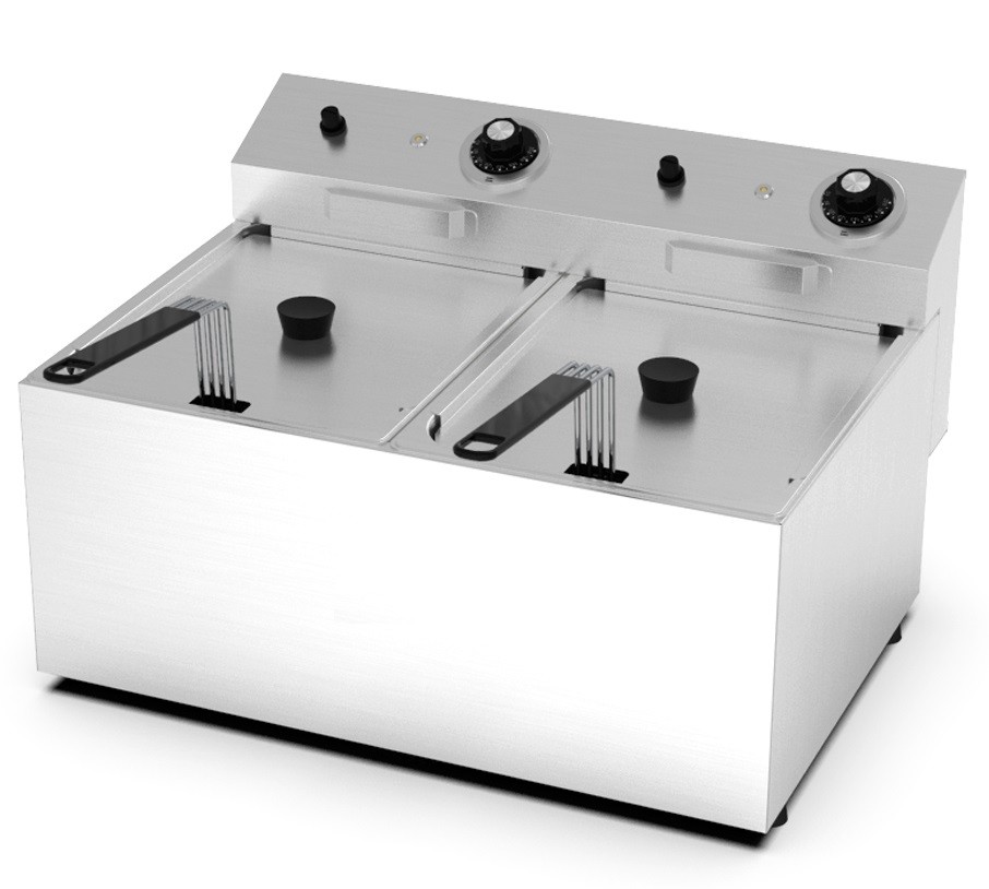 Fritadeira Profissional Elétrica Dupla de Bancada Monofásica de 8 +8 Litros com Cestos e Tampas, 0° +195°C, 7600 Watts (transporte incluído) - Refª 102670