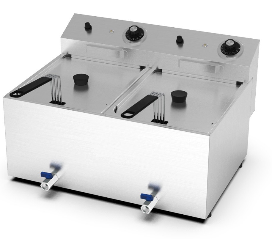 Fritadeira Profissional Elétrica Dupla de Bancada Monofásica de 8 +8 Litros com Cestos, Tampas e Torneiras, 0° +195°C, 7600 Watts (transporte incluído) - Refª 102671