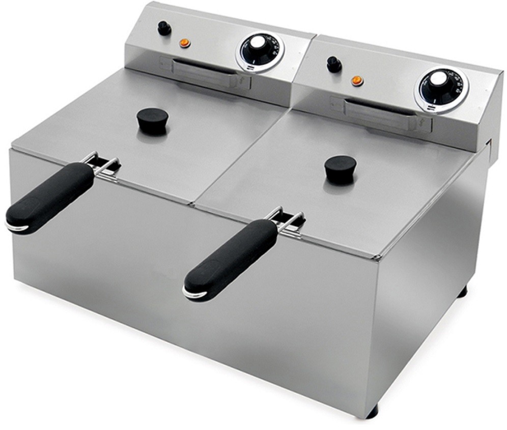 Fritadeira Profissional Elétrica Dupla de Bancada Monofásica POTENTE de 6 +6 Litros com Cestos e Tampas, 0° +195°C, 8400 Watts (transporte incluído) - Refª 102667