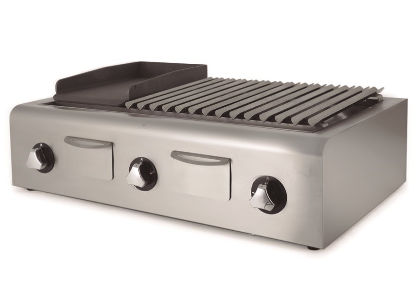 Grelhador Industrial a Gás de Pedra Lávica, Grill com Chapa de Grelhar, Dimensões de 900x500x280 mm (LxPxA), 16779 kcal/h, Potência de 19500 Watts (transporte incluído) - Refª 102722