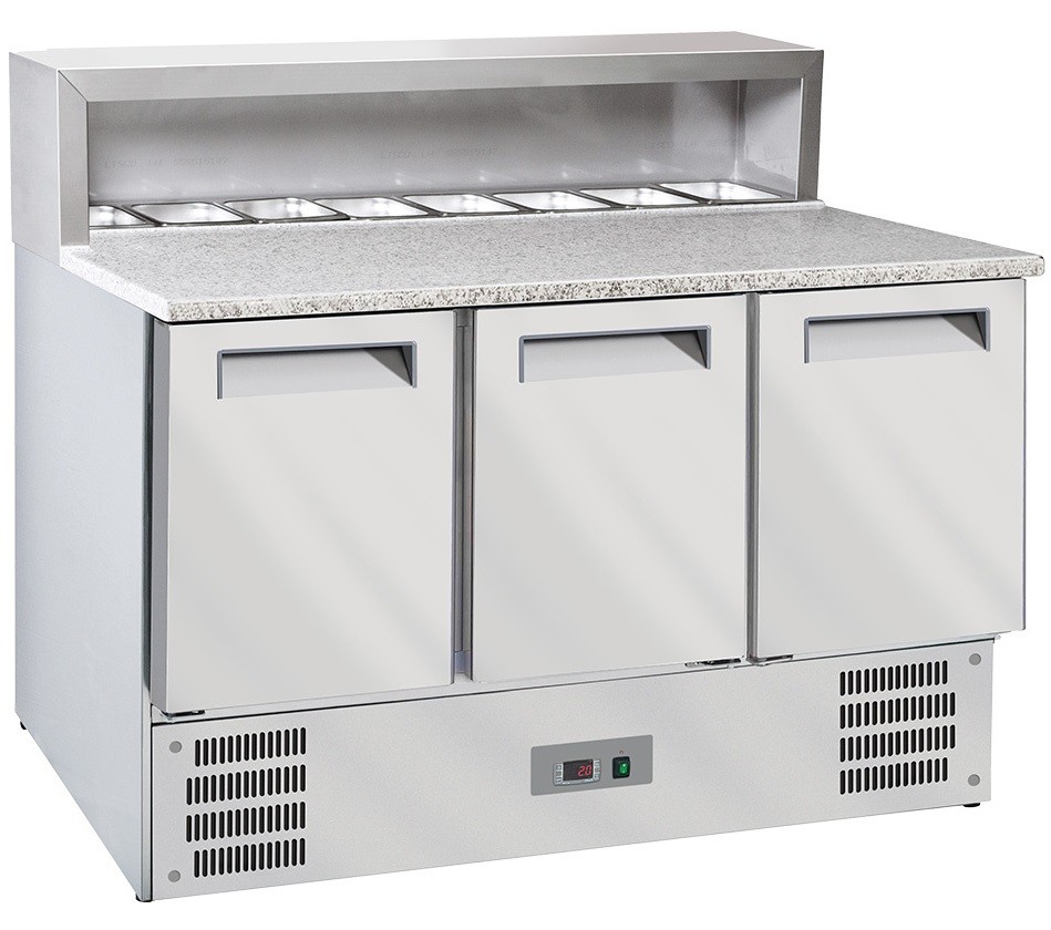 Mesa de Preparação de Pizzas com Bancada em Granito de 3 Portas GN 1/1 e Saladette com Estrutura Refrigerada 8x GN 1/6, +2º +8º C e +4º +10º C (transporte incluído) - Refª 100930