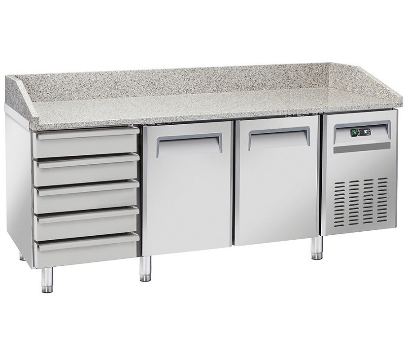 Mesa de Preparação de Pizzas Refrigerada com 2 Portas, Gavetas e Bancada em Granito, -2°+8° C (transporte incluído) - Refª 102824