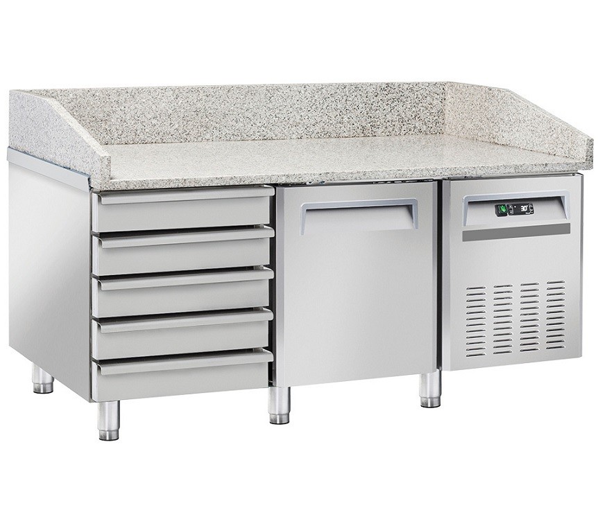 Mesa de Preparação de Pizzas Refrigerada com Porta, Gavetas e Bancada em Granito, -2°+8° C (transporte incluído) - Refª 102823